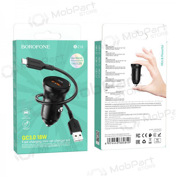 Lader automobilinis Borofone BZ18 Quick Charge 3.0 18W + MicroUSB (zwart)