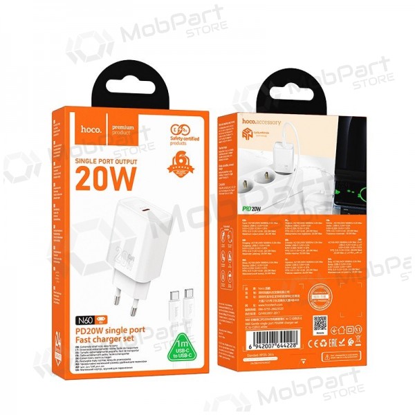Telefoonoplader Hoco N60 GaN USB-C met USB-C kabel 1 m wit