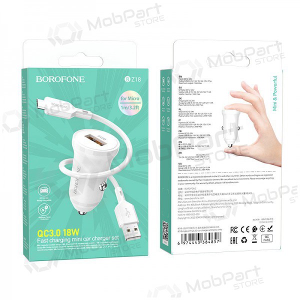 Lader automobilinis Borofone BZ18 Quick Charge 3.0 18W + MicroUSB (wit)