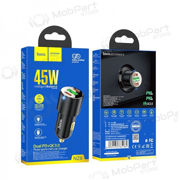 Hoco NZ6 45 W PD 2x USB-C + USB-A autolader zwart