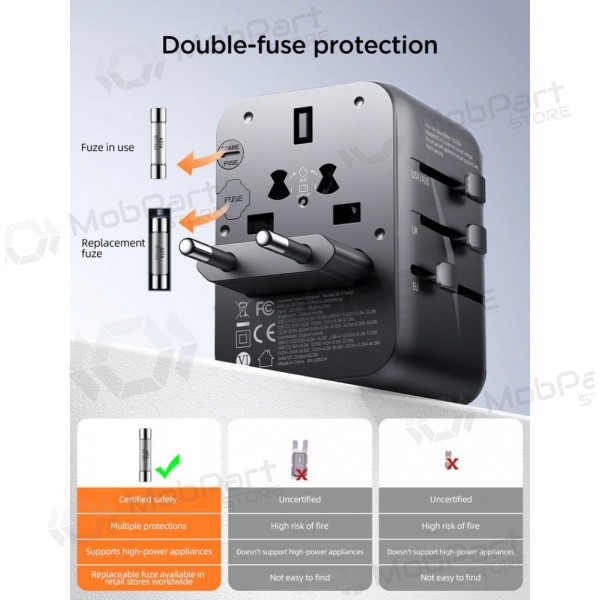 Universeel kelioninis lader Joyroom JR-TCW01 3xUSB-A/USB-C zwart