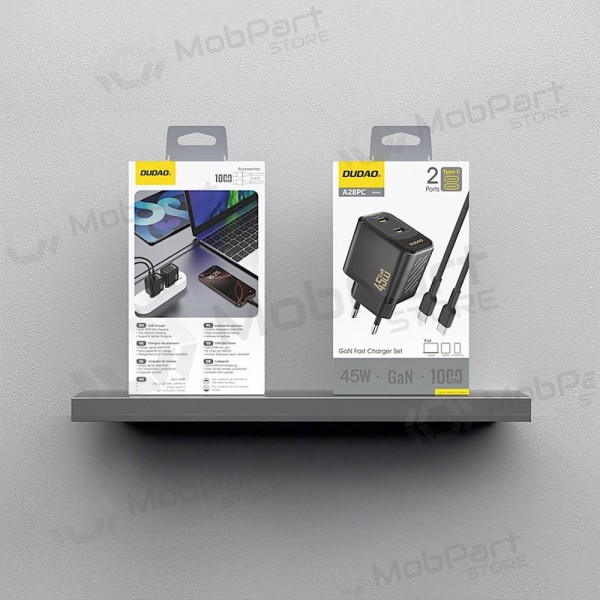 Telefoonoplader Dudao A28PC 45 W GaN 2x USB-C met USB-C kabel 1 m zwart