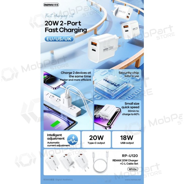 Telefoonoplader Remax RP-U120 20 W USB-C + USB-A met Lightning kabel 1 m wit