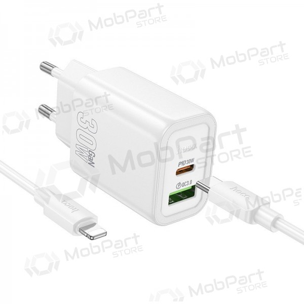 Telefoonoplader Hoco N63 30 W GaN USB-C + USB-A met Lightning-kabel 1 m wit