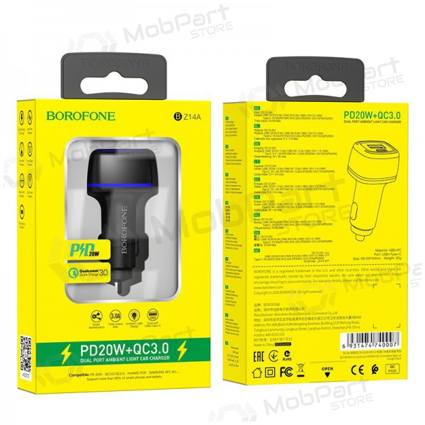 Lader automobilinis Borofone BZ14A PD20W+QC3.0 x 2 USB (Type-C to Lightning) (zwart)