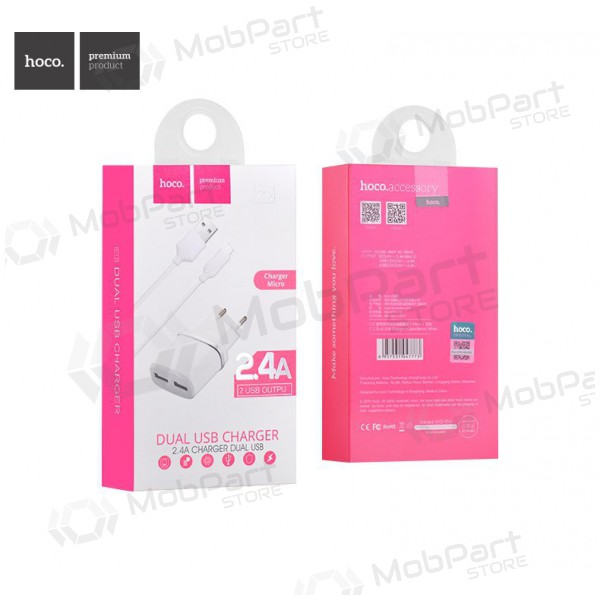 Lader HOCO C12 Smart Dual USB + Lightning kabel (5V 2.4A) (wit)