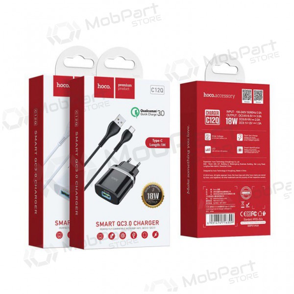 Lader HOCO C12Q Smart USB + microUSB kabel (QC3.0) (zwart)
