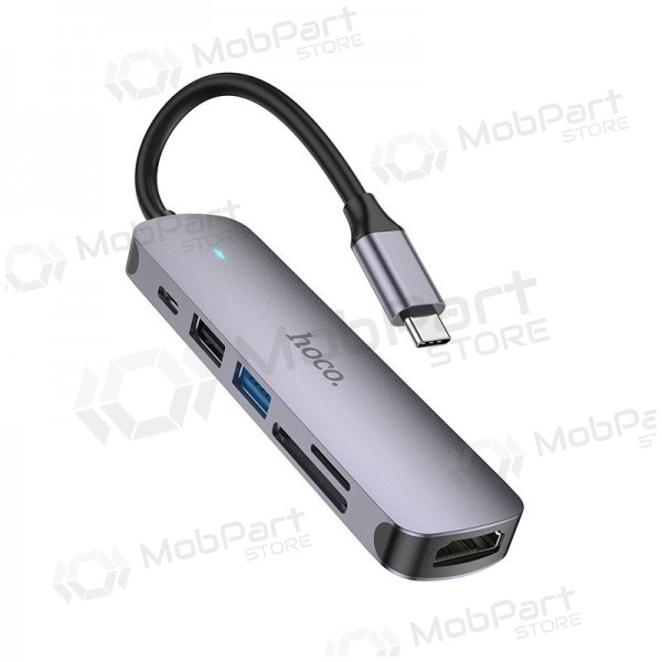 USB-C adapter Hoco HB28 USB-C naar HDMI + USB 3.0 + USB 2.0 + SD + TF + PD grijs