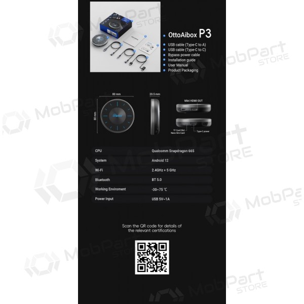 Draadloze CarPlay / Android Auto adapter Ottocast OttoAiBox P3 PCS46 zwart