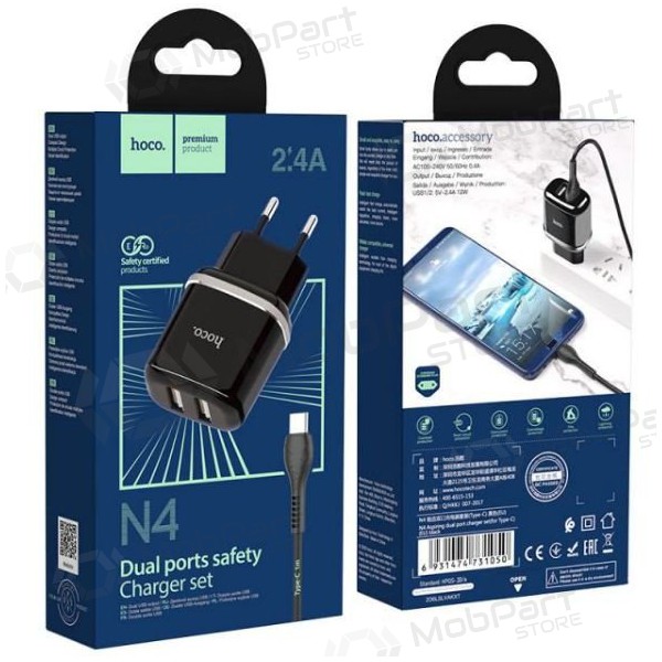 Lader HOCO N4 Aspiring Dual USB + type-C kabel (5V 2.4A) (zwart)
