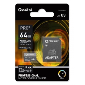 Geheugenkaart Platinet MicroSD 64GB (class10 UHS-III 90MB/S) + SD Adapter