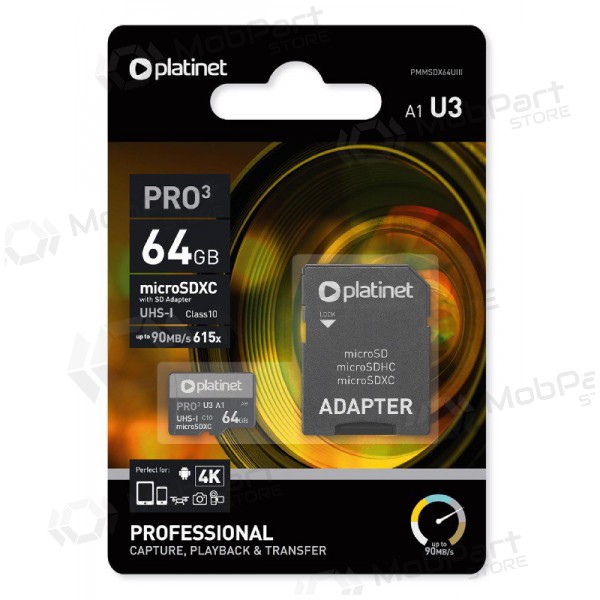 Geheugenkaart Platinet MicroSD 64GB (class10 UHS-III 90MB/S) + SD Adapter