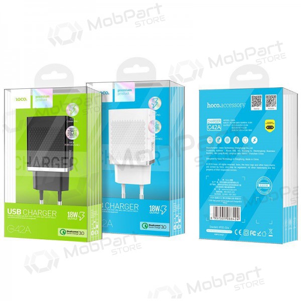 Lader HOCO C42A Vast power QC3.0 USB 18W (3.6V-6.5V/3A, 6.6V-9V/2A, 9.1V-12V/1.5A) (zwart)
