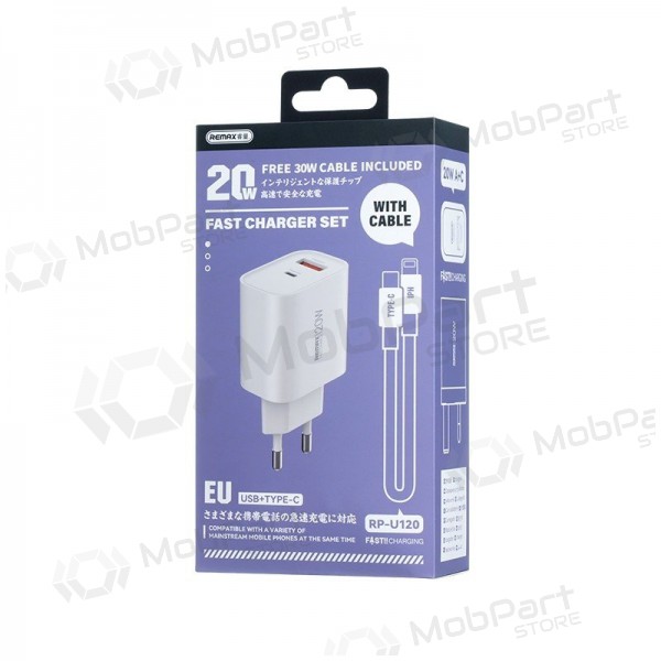 Telefoonoplader Remax RP-U120 20 W USB-C + USB-A met Lightning kabel 1 m wit