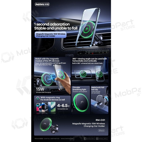 Automobilinis laikiklis-lader Remax RM-C01 MagSafe 15W zwart