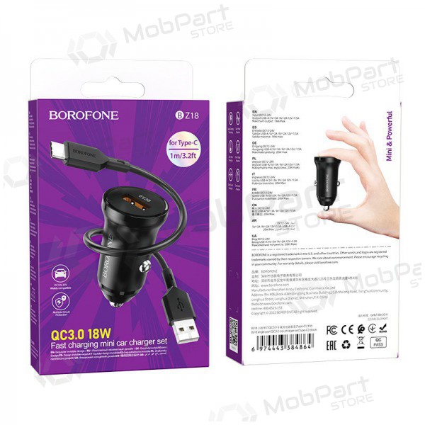 Lader automobilinis Borofone BZ18 Quick Charge 3.0 18W + Type-C (zwart)