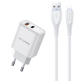Telefoonoplader Awei PD81L-EU 22.5 W USB-C + USB-A met Lightning kabel 1 m wit
