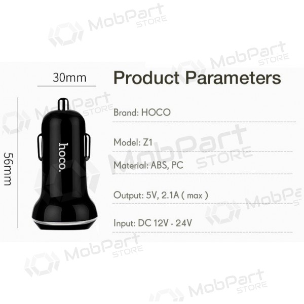 Autolader HOCO Z1 Dual USB (5V 2.1A) (zwart)