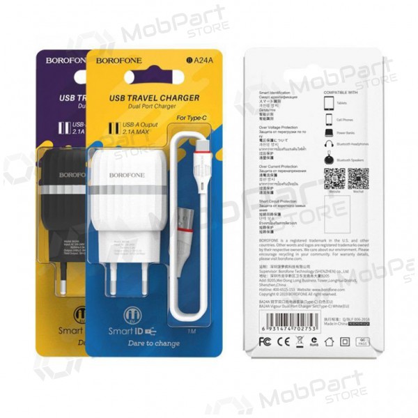 Lader BOROFONE BA24A Vigour Dual USB + Type-C kabel (5V 2.4A) (zwart)