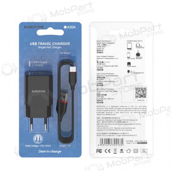 Lader BOROFONE BA20A Sharp USB + microUSB kabel (5V 2.1A) (zwart)