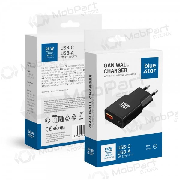 Telefoonoplader Blue Star Slim 25 W GaN USB-C + USB-A zwart