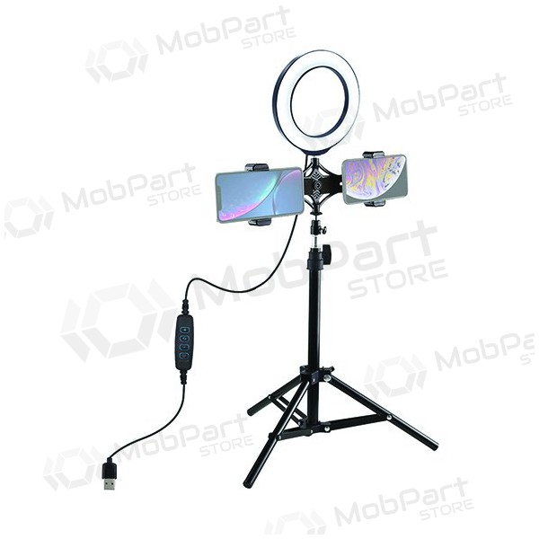 LED ringlamp 16 cm, met statief tot 70 cm en dubbele telefoonhouder, USB