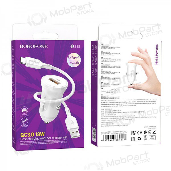 Lader automobilinis Borofone BZ18 Quick Charge 3.0 18W + Type-C (wit)