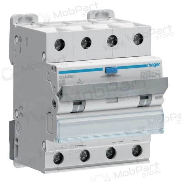 Srovės nuotėkio relė su automatiniu jungikliu Hager ADM466C (4P, 16A, C, A tipo, 30mA, 6kA)
