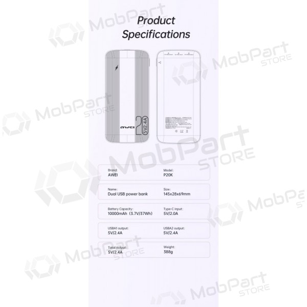 Externe batterij Power Bank Awei P19K 5V/2.4A 20000mAh zwart