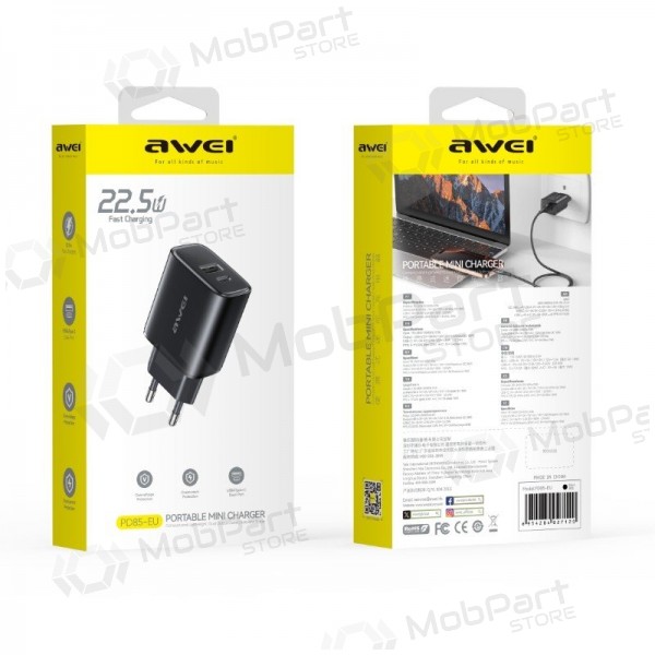 Telefoonoplader Awei PD85-EU 22.5 W USB-C + USB-A zwart