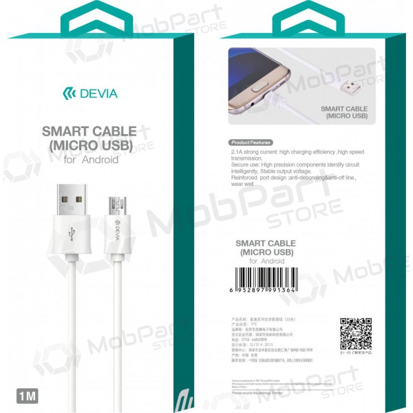 USB kabel Devia Smart microUSB 2.0m (wit)