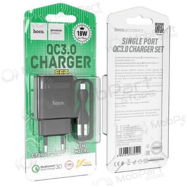 Lader HOCO C72Q Glorious USB + microUSB kabel (QC3.0) (zwart)