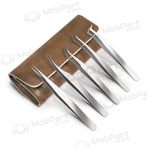 Metalen pincettenset JSY met leren hoesje (5 stuks).
