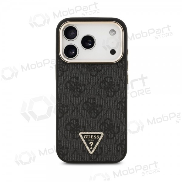 Apple iPhone 18 Pro hoesje - Guess PU Leather 4G Strass Triangle Logo Gold Frame MagSafe (zwart)
