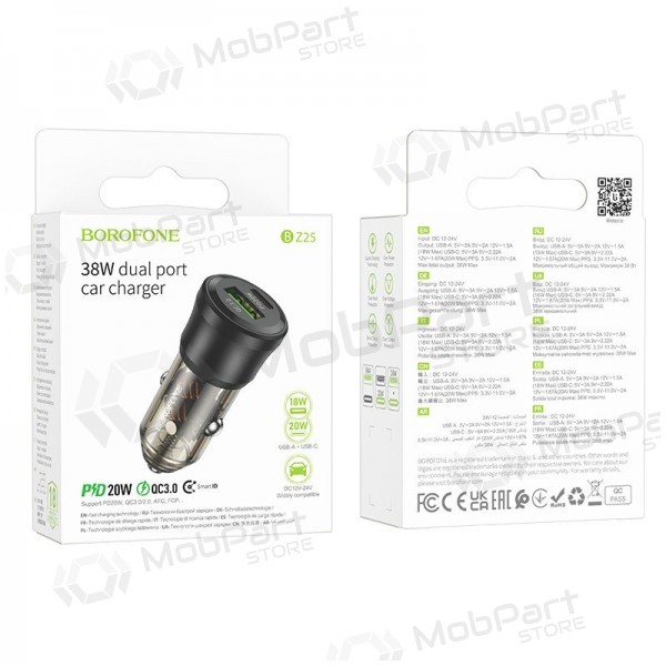 Autolader Borofone BZ25 38 W USB-C + USB-A PD QC zwart
