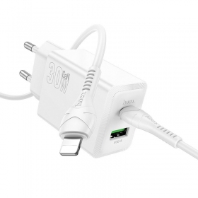 Telefoonoplader Hoco N71 30 W GaN USB-C + USB-A met Lightning-kabel 1 m wit