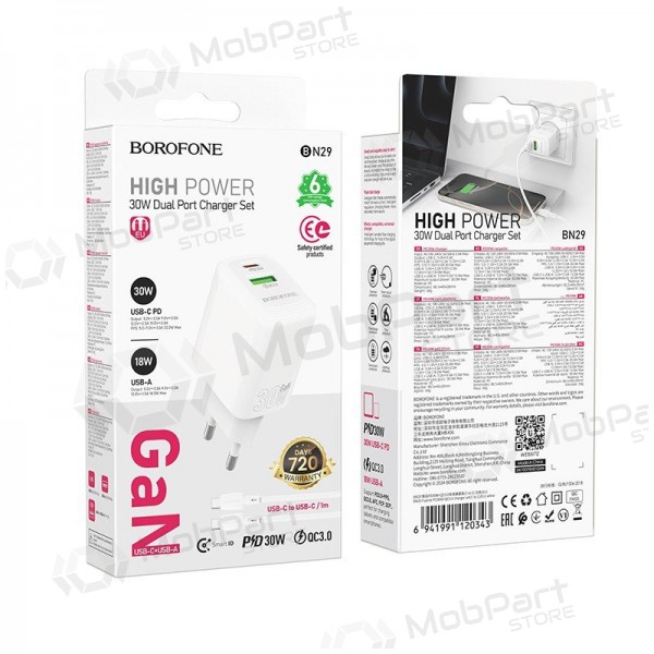 Telefoonoplader Borofone BN29 30 W USB-C + USB-A met USB-C kabel 1 m wit