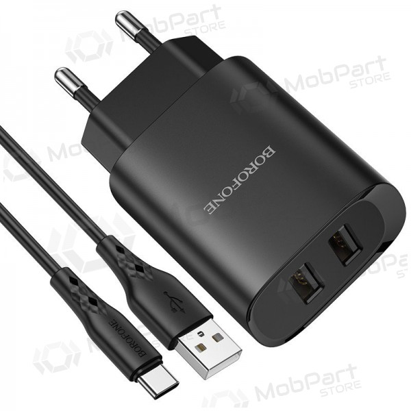 Lader Borofone BN2 2xUSB 2.1A + USB Type-C (zwart)
