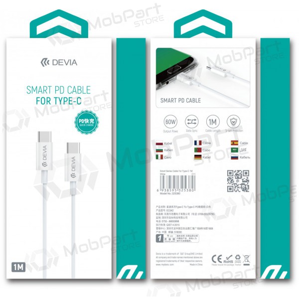 USB-kabel Devia Smart PD Type-C - Type-C 20V 3.0A 60W (wit)