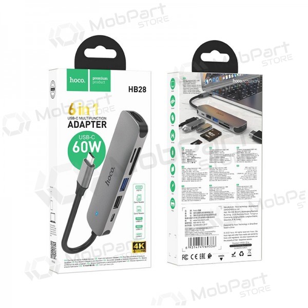 USB-C adapter Hoco HB28 USB-C naar HDMI + USB 3.0 + USB 2.0 + SD + TF + PD grijs