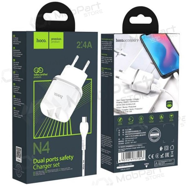 Lader HOCO N4 Aspiring Dual USB + type-C kabel (5V 2.4A) (wit)