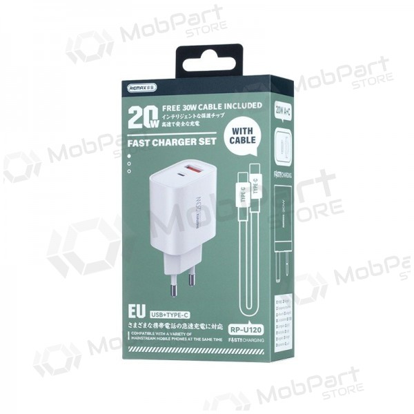 Telefoonoplader Remax RP-U120 20 W USB-C + USB-A met USB-C kabel 1 m wit