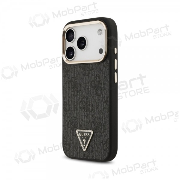 Apple iPhone 18 Pro hoesje - Guess PU Leather 4G Strass Triangle Logo Gold Frame MagSafe (zwart)