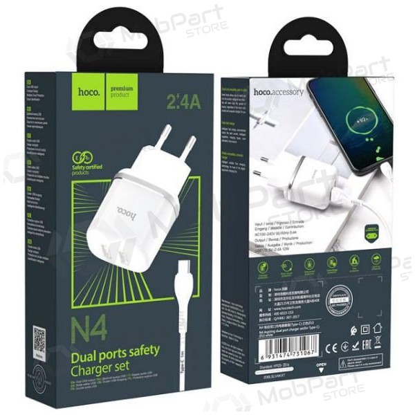 Lader HOCO N4 Aspiring Dual USB + type-C kabel (5V 2.4A) (wit)