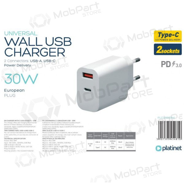 Platinet QuickCharge Type-C+USB 2.4A (30W) lader