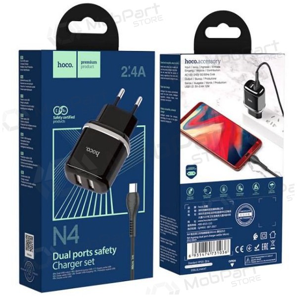 Lader HOCO N4 Aspiring Dual USB + microUSB kabel (5V 2.4A) (zwart)