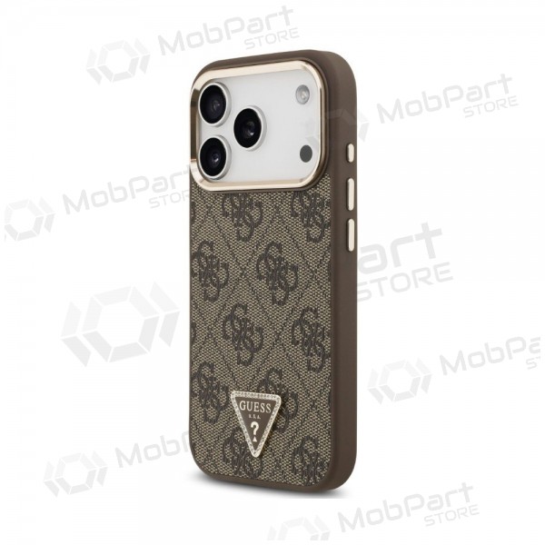 Apple iPhone 18 Pro hoesje - Guess PU Leather 4G Strass Triangle Logo Gold Frame MagSafe (bruin)