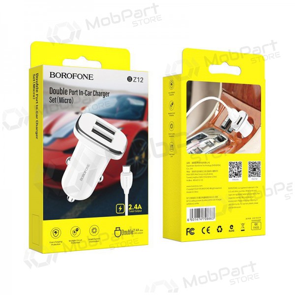 Lader automobilinis Borofone BZ12 USB + microUSB (2.4A) (wit)