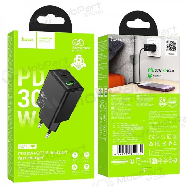 Telefoonoplader Hoco N71 30 W GaN USB-C + USB-A zwart