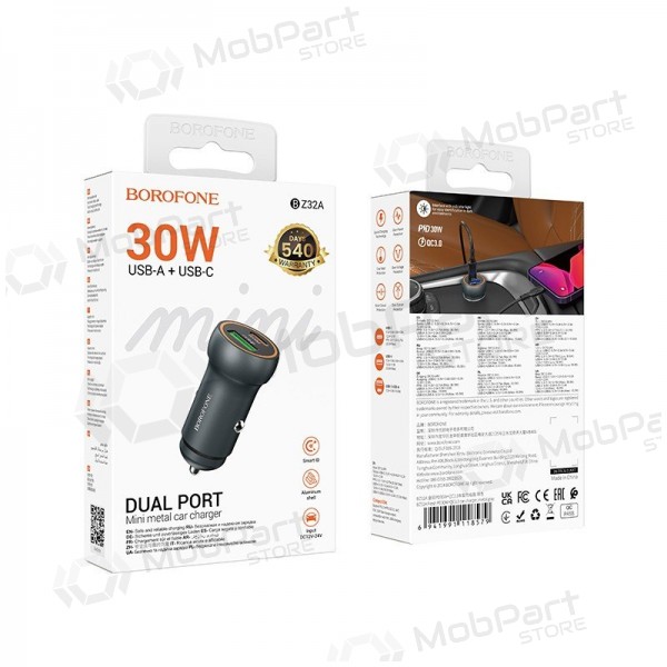 Autolader Borofone BZ32A 30 W USB-C + USB-A grijs